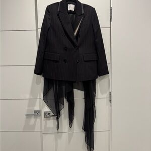 Sacai Navy/Brown Pinstripe Double-Breasted Blazer with Draped Chiffon Panels